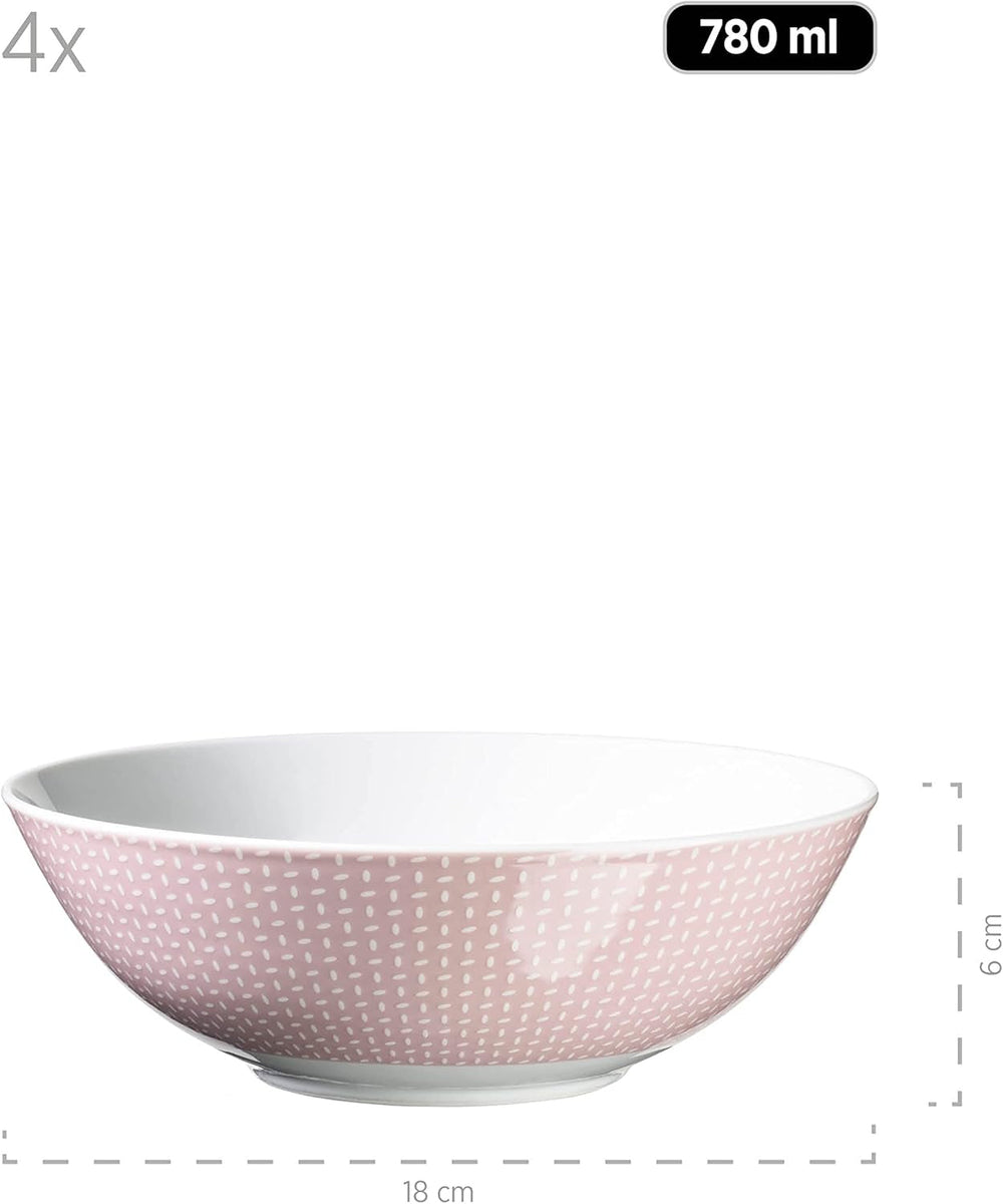 MÄSER Kitchen Time II, Set de veselă pentru 4 persoane, Serviciu combinat cu 16 piese în culori pastelate cu model subtil, Porțelan, Roz