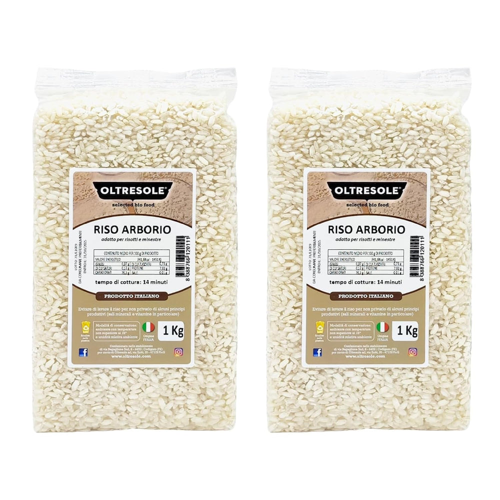Orez Arborio italian artizanal, orez cu bob mare și amidon, ideal pentru supe, risotto și salate de orez, ambalat în vid în 2 saci de 1 kg