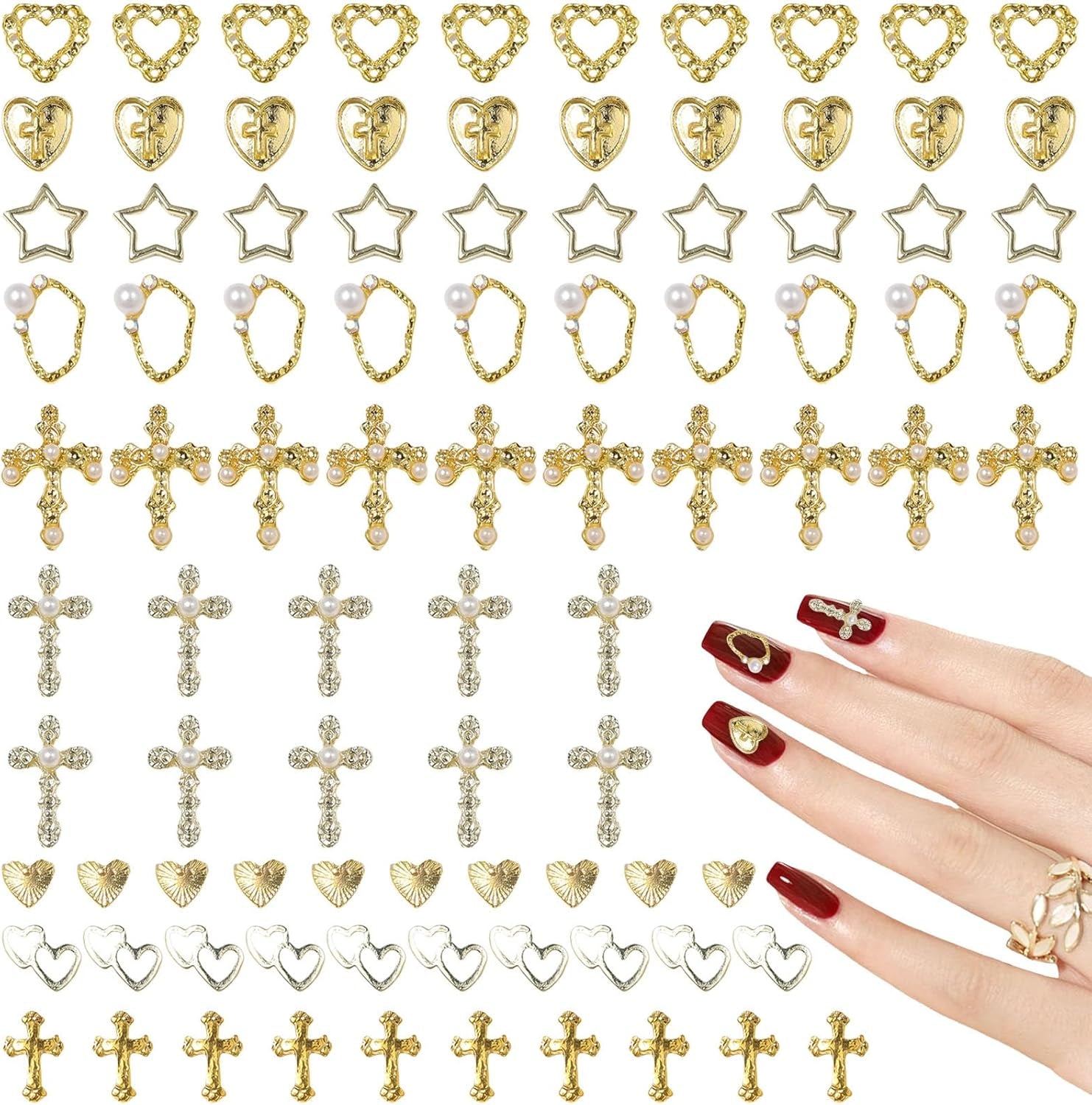 Talisane aurii pentru unghii, 80 de piese cu cruce, trandafir, inimă, pietre prețioase pentru unghii Fecioara Maria, accesorii pentru unghii din aliaj metalic pentru decorațiuni de design pentru manichiură, meșteșuguri DIY