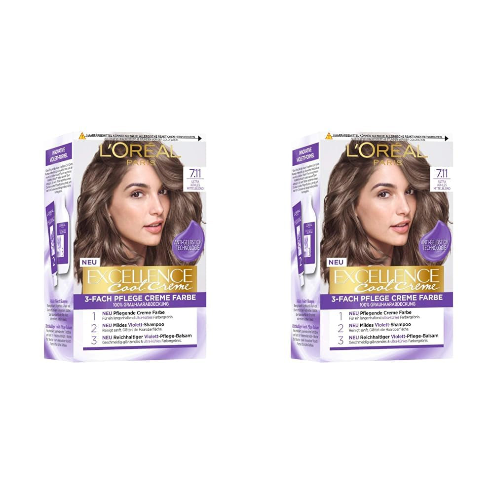 L'Oréal Paris Vopsea de păr permanentă cu rezultat de culoare ultra rece, acoperire 100% a părului gri, set cu colorare, șampon și cremă de îngrijire, Excellence Cool Creme, Nr. 7.11 Ultra rece blond mediu (Blond) Vopsea pentru par Naty Shop Titlu implicit