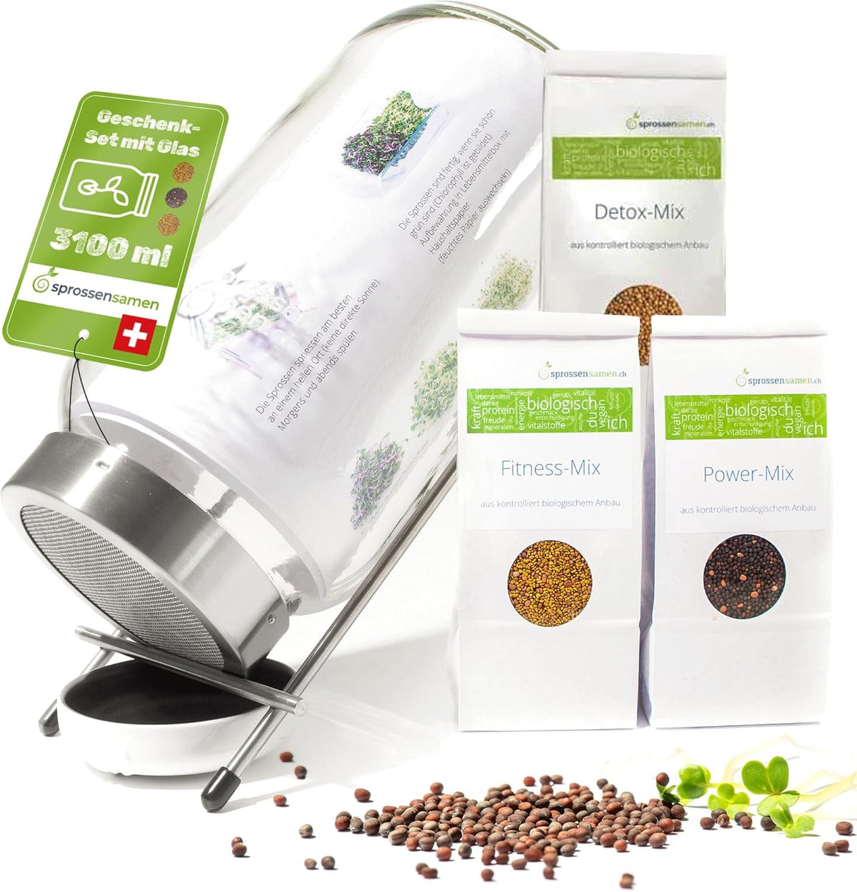 Set borcan pentru germinare 3100 ml cu set cadou - Mix Fitness Organic, Mix Power și Mix Detox, 75 g fiecare - Borcan pentru germinare - incl. capac borcan, suport și sită