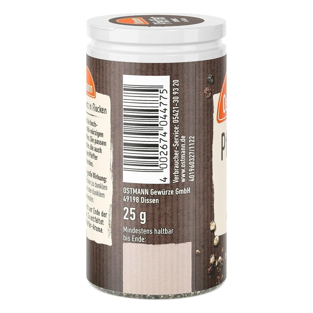 Ostmann Gewürze - Schwarze Pfefferflocken | Grober Pfeffer für intensiv-schwarfen Geschmack | Mit praktischem Streuaufsatz | 25 g in der Streudose