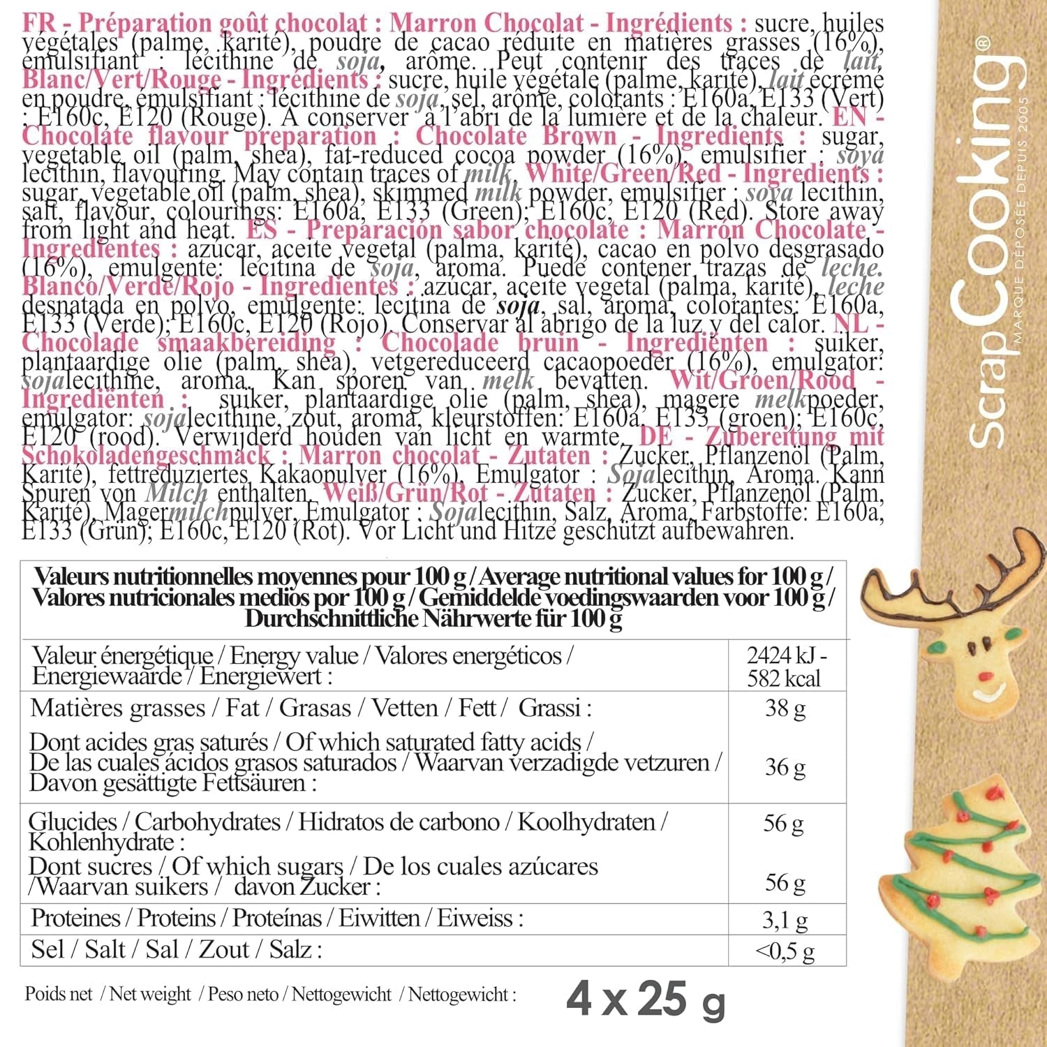 Scrapcooking - Set de 4 creioane colorate de ciocolată de Crăciun - Maro, Alb, Verde și Roșu - Colorant comestibil - Colorant alimentar pentru scris - Scrie și desenează pe deserturi, prăjituri și fursecuri - 7060