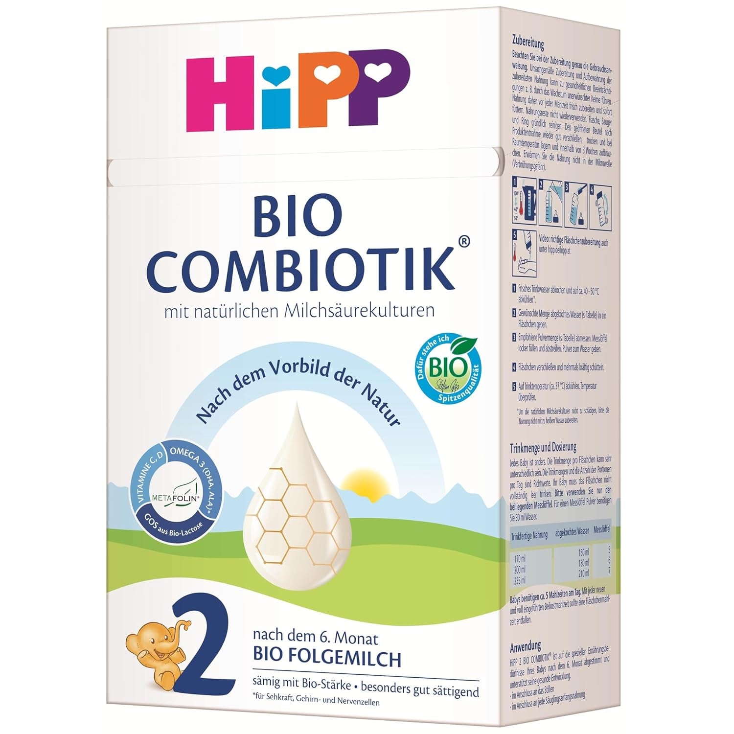 HiPP 2 Organic Combiotik (4 x 600g), lapte de continuare după 6 luni, cu amidon, culturi naturale de acid lactic, GOS, Omega-3 (DHA, ALA), de cea mai bună calitate organică