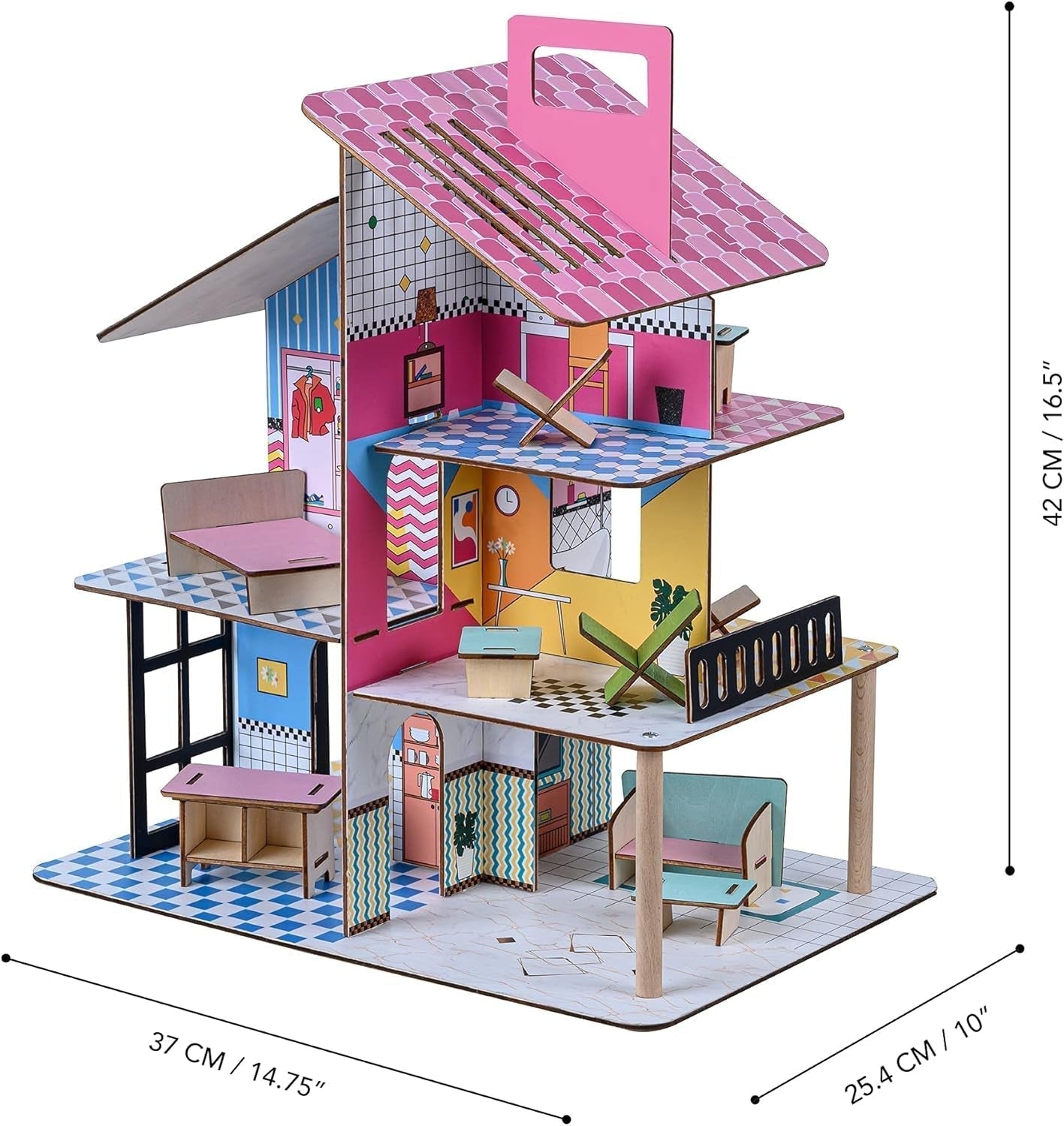 Olivia'S Little World 360 Casă de păpuși din lemn pentru copii Păpuși de 3,5" și 12 accesorii Multicolor TD-13260C Casute de papusi Naty Shop