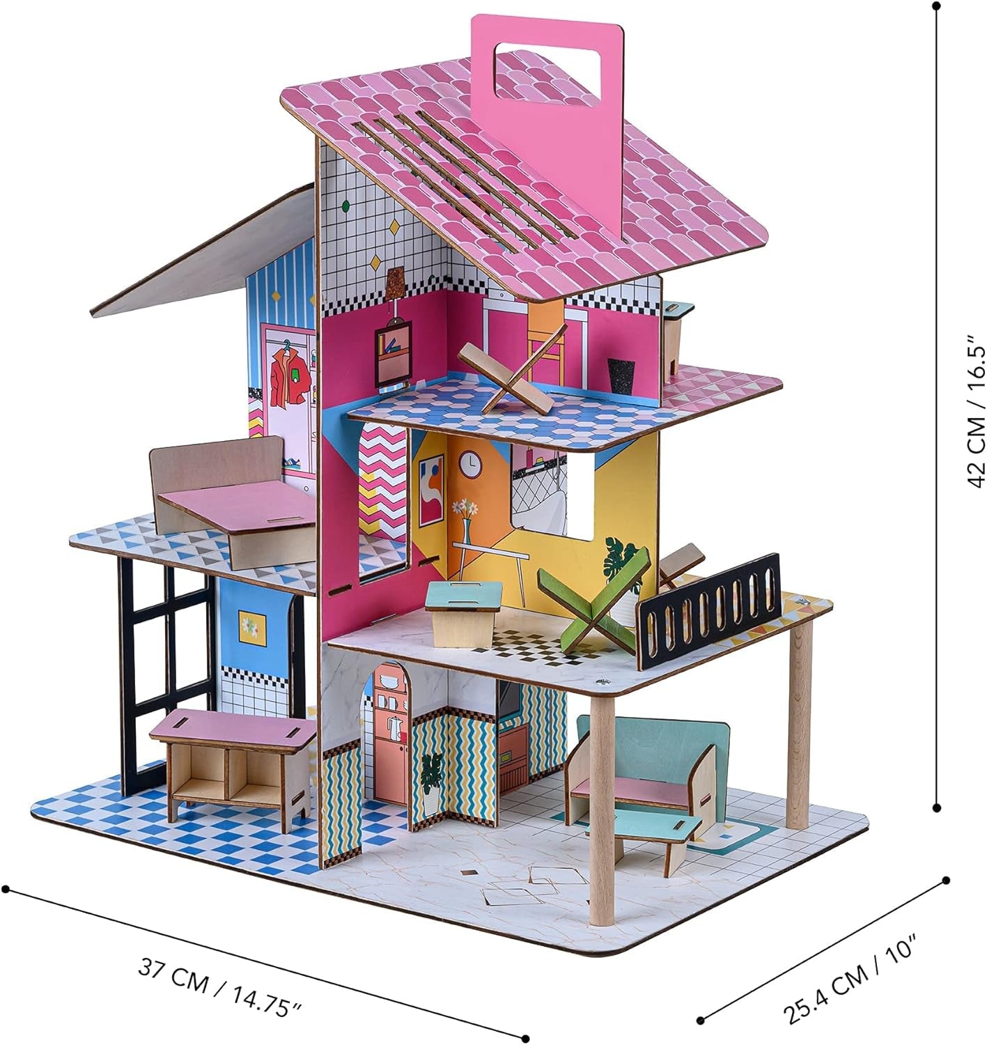 Casă de păpuși din lemn pentru copii Olivia's Little World 360, păpuși de 8,9 cm și 12 accesorii, multicoloră, TD-13260C