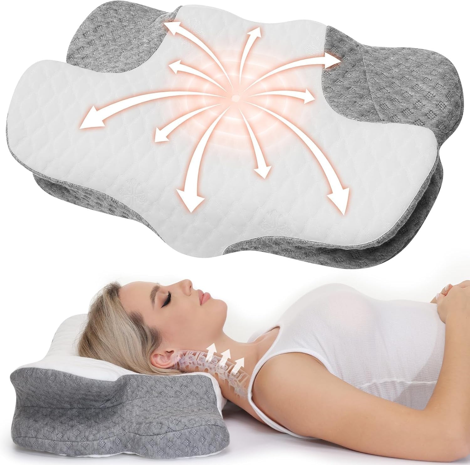 Wellsync pernă pentru gât Pernă ergonomică Pernă din spumă de memorie Pernă ortopedică Pentru persoane care dorm lateral Persoane care dorm pe spate Persoane care dorm abdominal Dureri de gât Alb Gri Perne ortopedice cervicale Naty Shop Titlu implicit