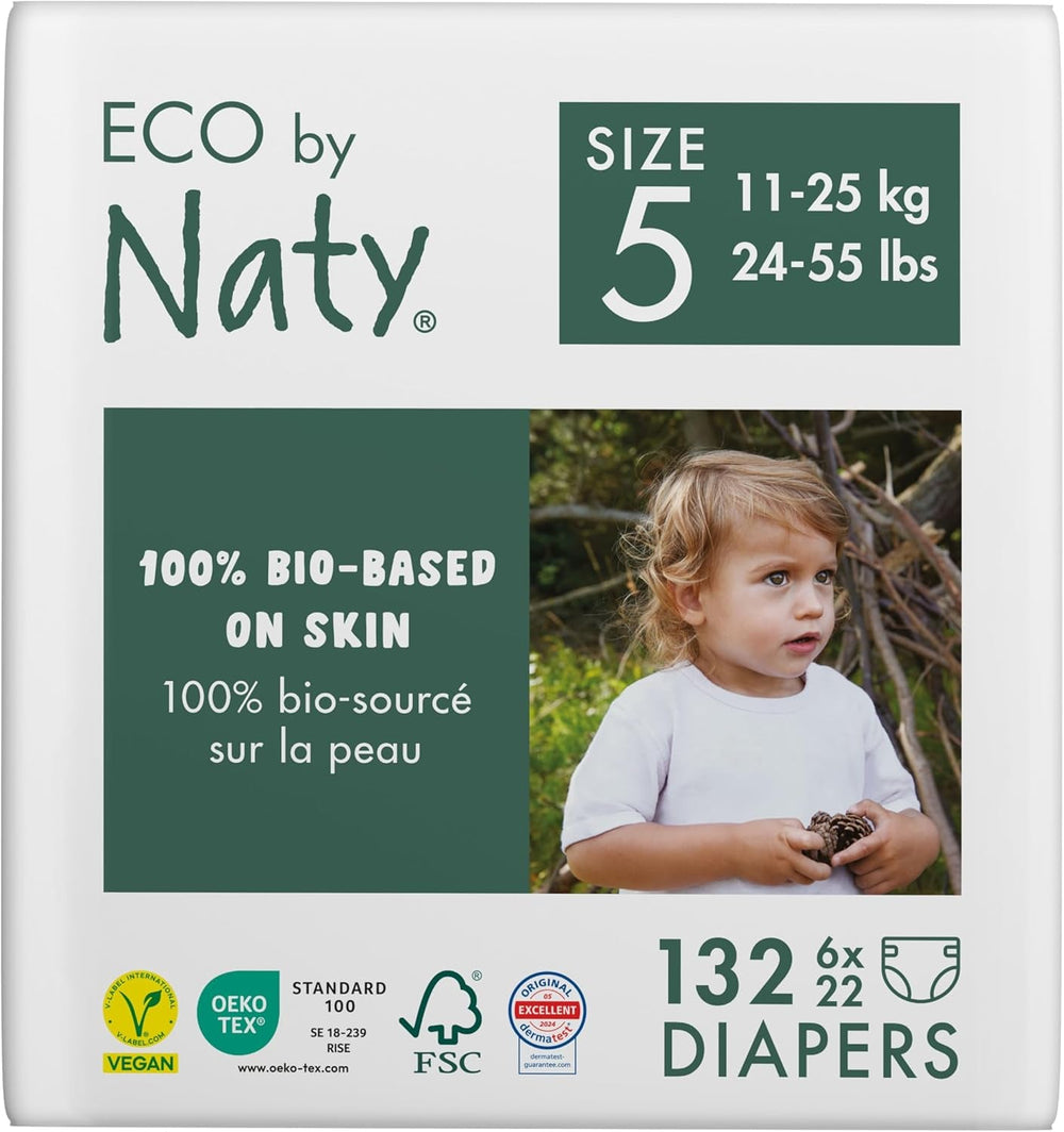 Scutece ecologice Eco by Naty Baby Eco Diapers - scutece organice premium, ecologice, fabricate din materiale pe bază de plante, ideale pentru pielea sensibilă a bebelușilor (mărimea 5 - 80 de bucăți)