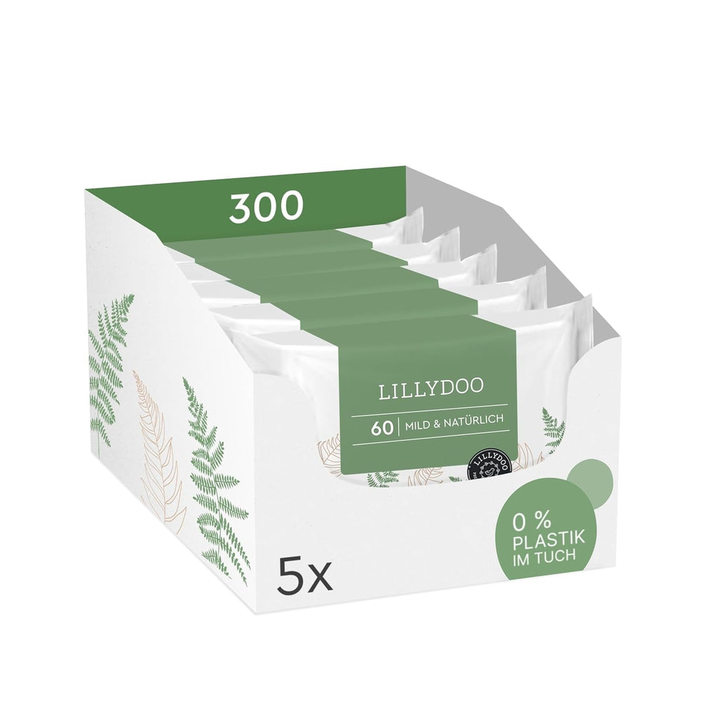 Șervețele umede LILLYDOO verzi, 600 bucăți (10 x 60), șervețel 100% fără plastic, rezistent la rupere - fără parfum, delicate și naturale, curățare delicată pentru pielea sensibilă, testate dermatologic