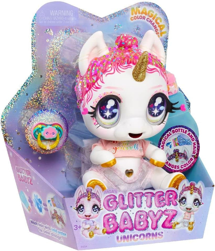 Glitter Babyz MGA Einhorn Baby-Puppe - LUNITA Sky - Mit magischen Farbwechseln, rosa Glitzerhaar, Believe in Yourself Outfit, Windel, Shampoo-Flasche & Schnuller - Für Kinder ab 3 Jahren