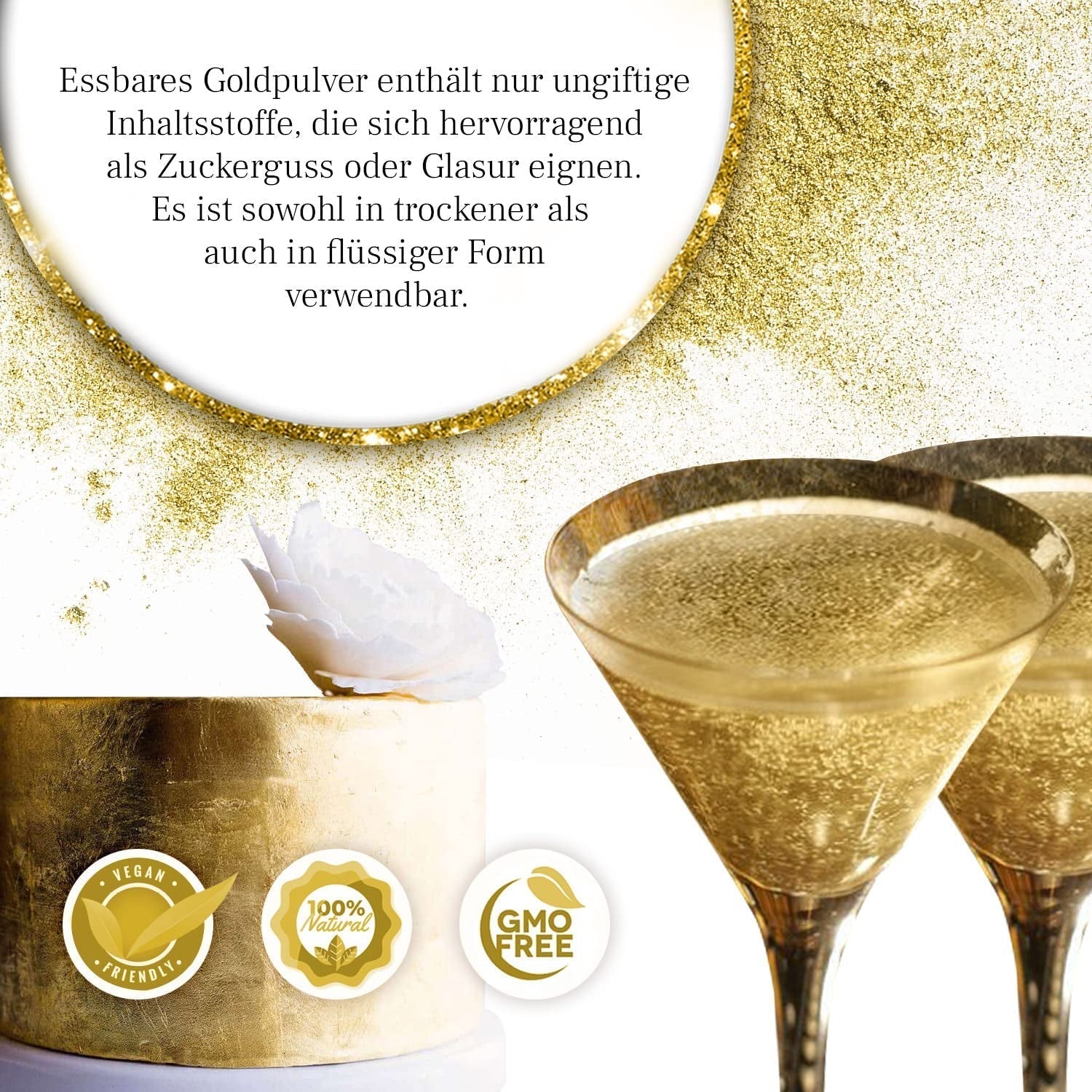 Pudră de aur comestibilă Detox Organica, 10g colorant alimentar auriu fără colorant E171, praf de aur pentru copt și decorare, ideal pentru prăjituri, brioșe, ciocolată și băuturi, sclipici comestibil
