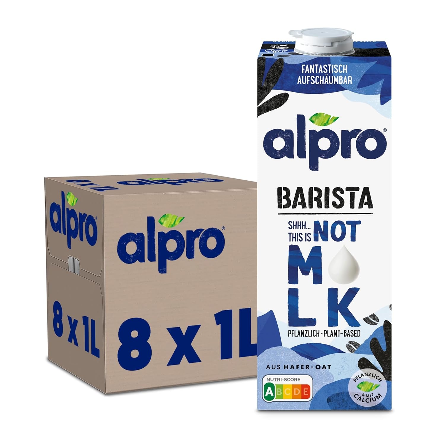 Alpro Barista Haferdrink – Zum Aufschäumen – Vegan und milchfrei – Von Natur aus laktosefrei – Reich an Ballaststoffen, Calcium und Vitaminen – 8 x 1 L – Haltbar