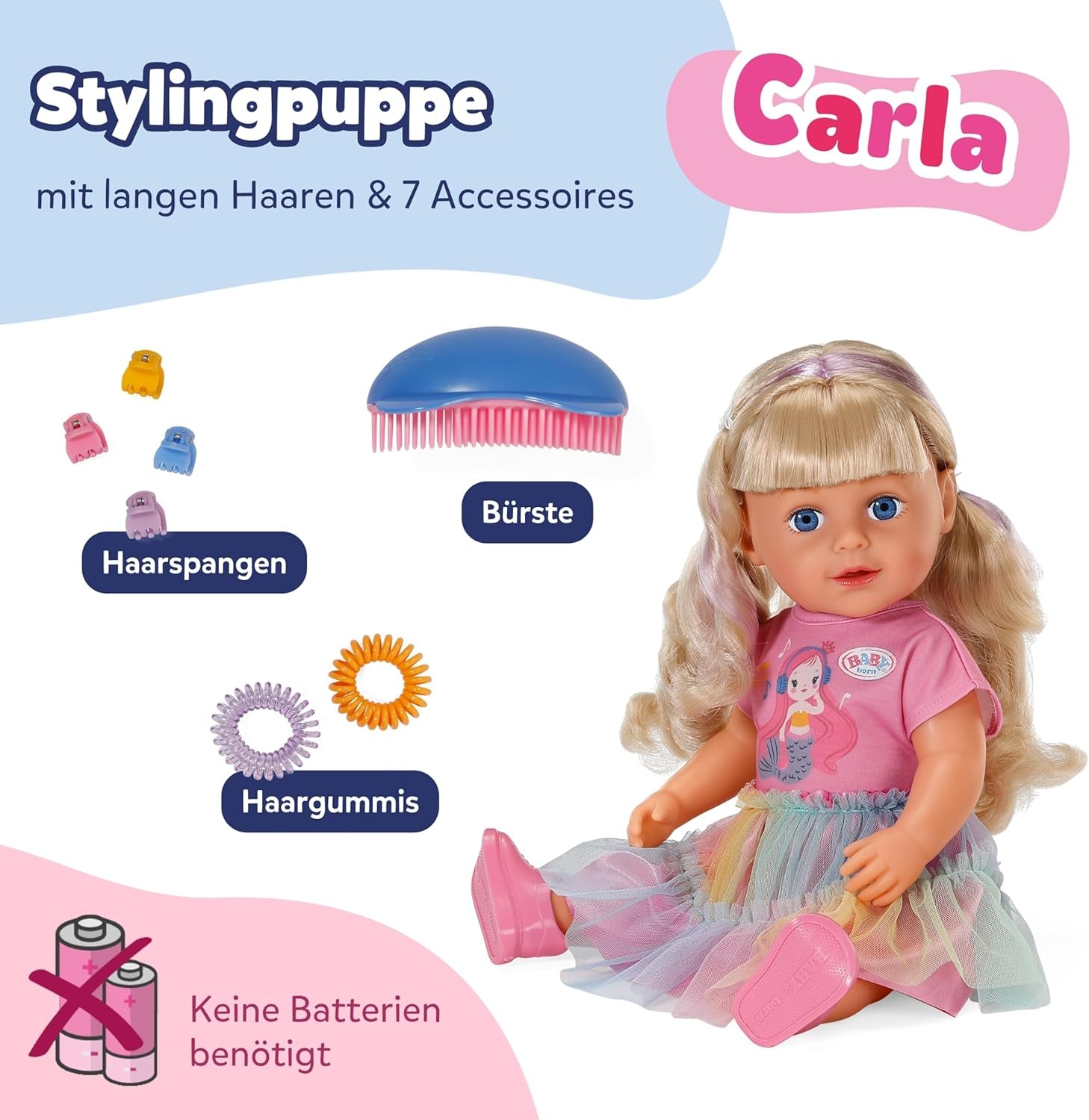 BABY born Carla - 43 cm große Puppe - Hochwertiges Blondes Haar mit Strähnen - Benötigt Keine Batterien - Geeignet für Kinder ab 4 Jahren - Inkl. 7 Accessoires