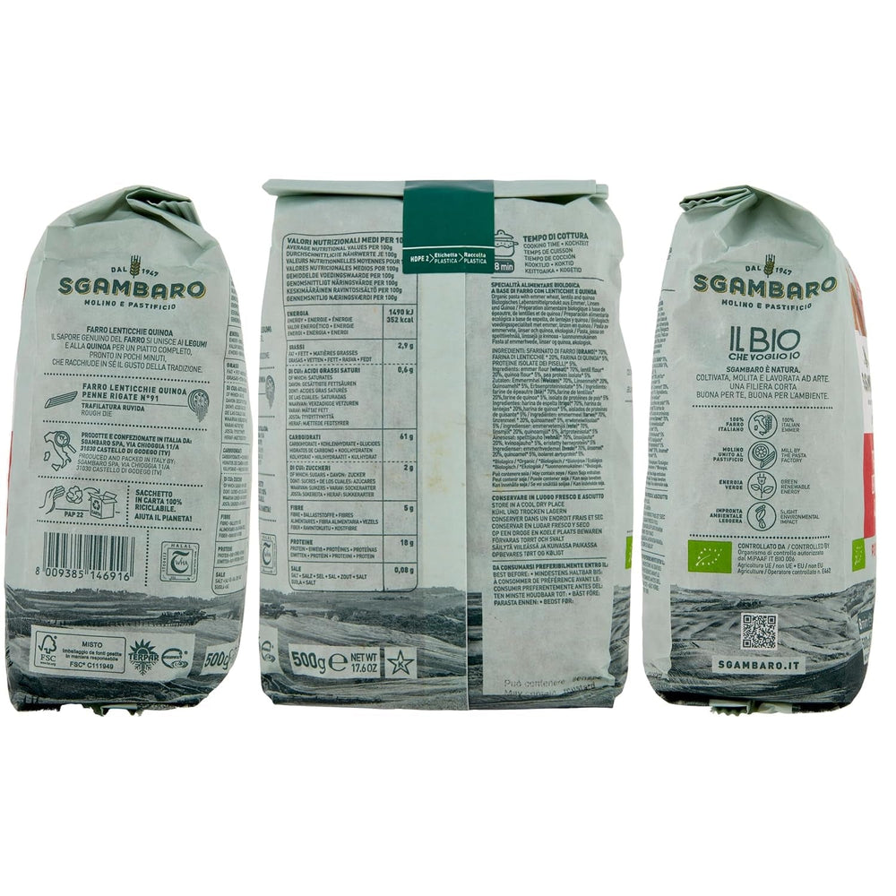 Paste Penne Rigate Organice N.91 - 500g cu făină de spelta, făină de linte și făină de quinoa – Bogate în proteine, sursă de fibre și proteine