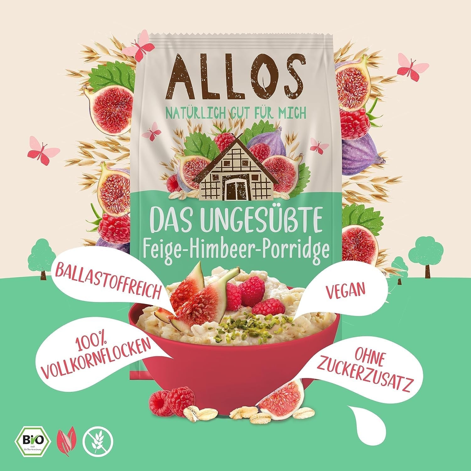 Terci de smochine și zmeură Allos neîndulcit | Terci fără zahăr | Muesli organic | Muesli cu fructe | Fulgi de ovăz | Terci de mic dejun | Cereale pentru micul dejun | Vegan | Pachet de 6 (6 x 500g)
