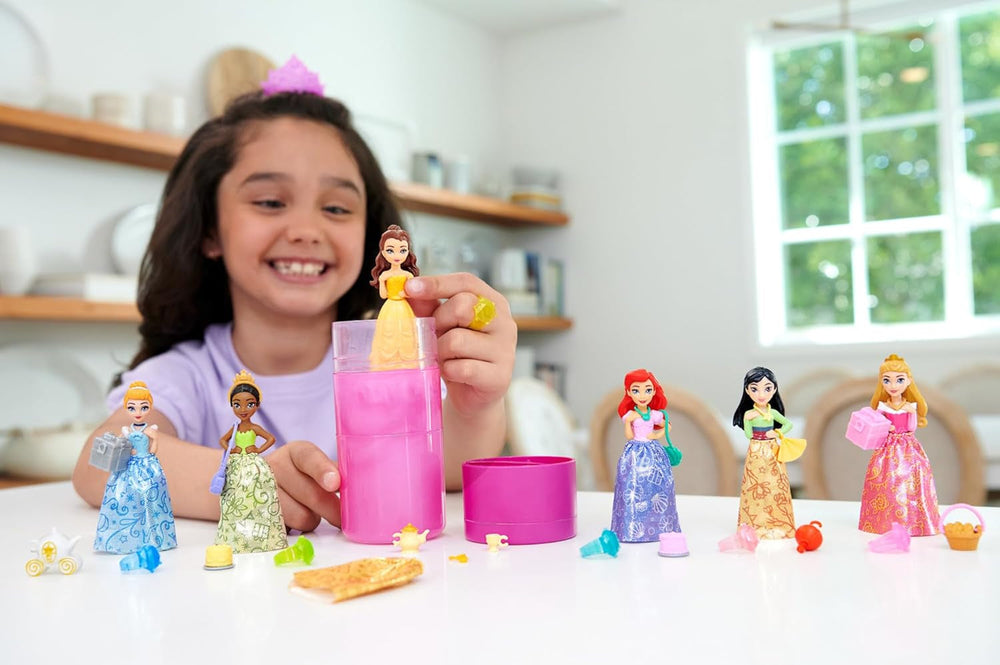 Păpuși Disney Princess Color Reveal - 6 surprize, activate cu apă, accesorii, pentru copii cu vârsta de 3 ani și peste, Ariel, Tiana, Mulan, Cenușăreasa, Belle, Aurora, HPX39