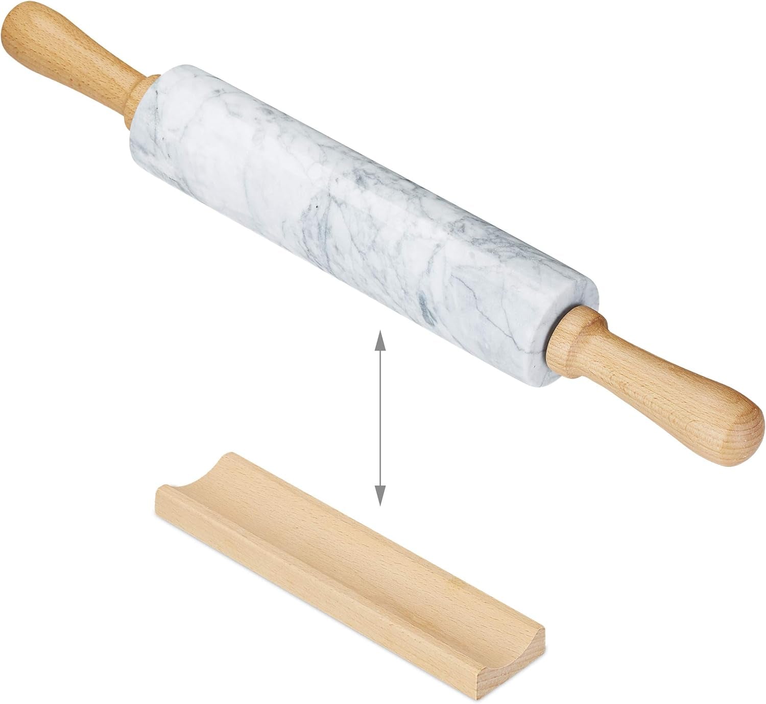 Relaxdays Sucitor de aluat din marmură, mânere din lemn, rolă de copt rezistentă, 48 cm, alb