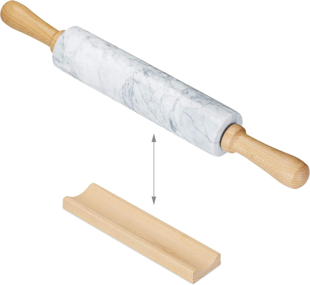 Relaxdays Sucitor de aluat din marmură, mânere din lemn, rolă de copt rezistentă, 48 cm, alb