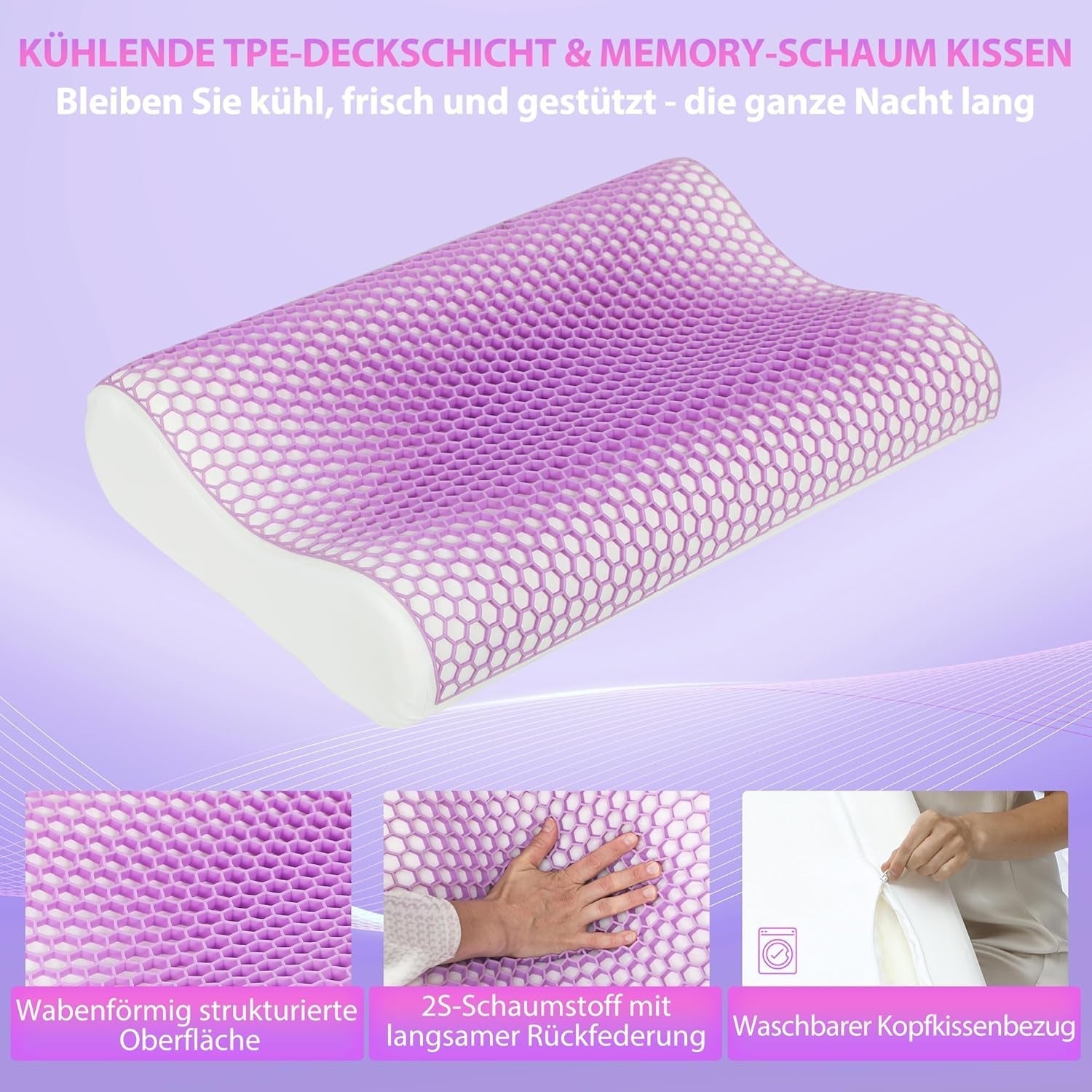 Pernă HOMCOM din spumă cu memorie, pernă pentru susținerea gâtului cu husă detașabilă, 2 înălțimi, ergonomică, pernă pentru gât responsivă 2S pentru diferite poziții de dormit, 60 x 40 cm, alb crem