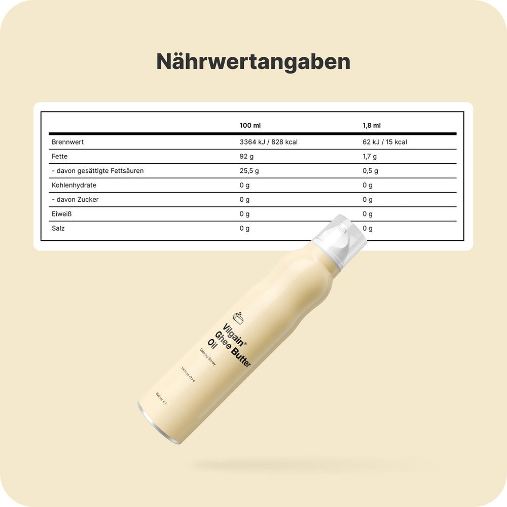 Vilgain Ghee Spray mit Avocadoöl | Laktosefrei, zum Kochen & Backen | Rauchpunkt 195°C, herzgesund, BRC-zertifiziert | Ideal für laktoseempfindliche Menschen | Geschmacks-Harmonie, 200ml