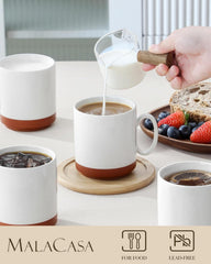 Set de căni de cafea MALACASA, set de cești din gresie 350 ml pentru 4 persoane, cești de cafea moderne pentru ceai, suc, latte, cappuccino, ciocolată caldă. Se poate spăla în mașina de spălat vase și la cuptorul cu microunde, seria TARA, alb kaki