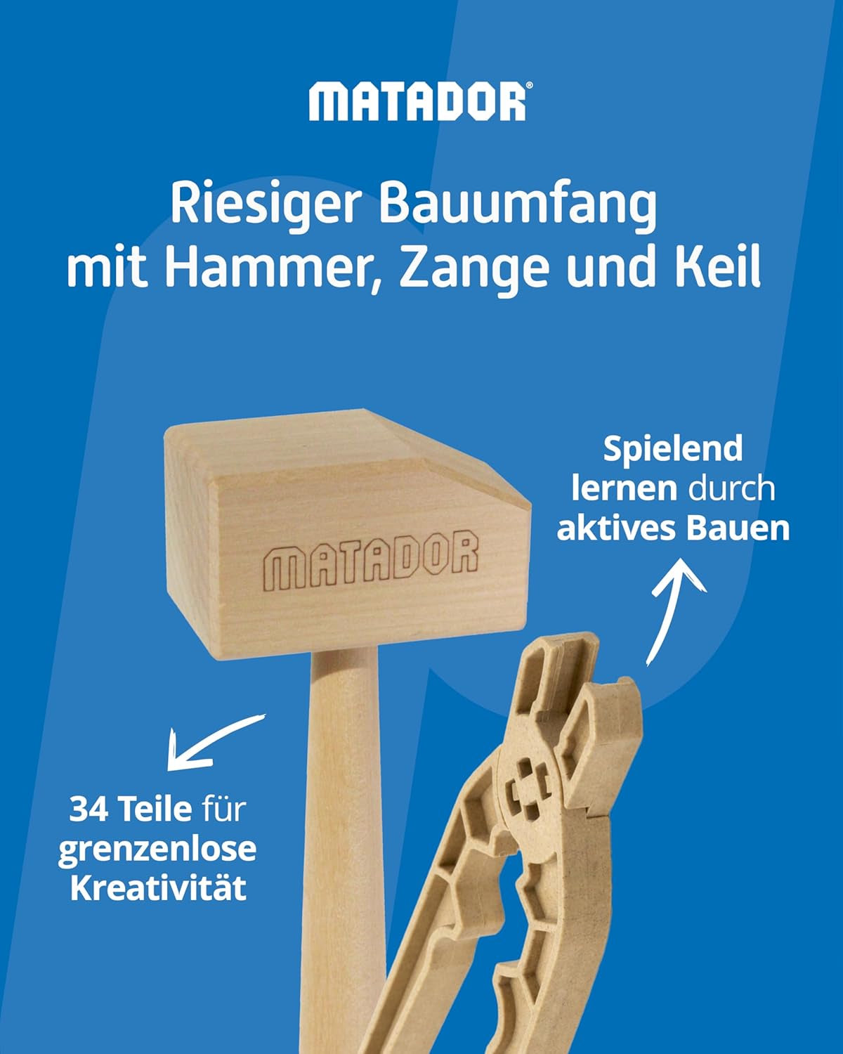 Matador Kinder Baukasten ab 3 Jahren 34-tlg. - Spannendes Holz Konstruktionsspielzeug zur Schulung von Kreativität und Feinmotorik, Bauspielzeug mit Stäbchen, Klötzen, Hammer & Zange
