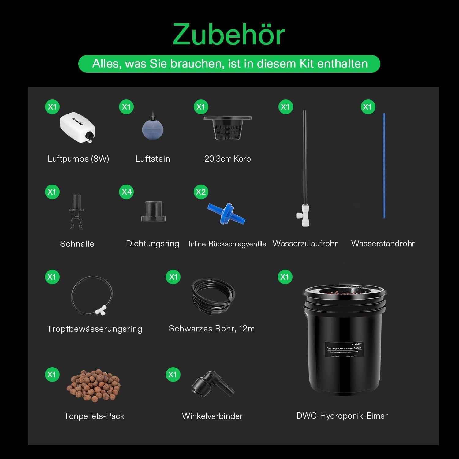 VIVOSUN DWC Hydrokultur Anbausystem mit Topf-Tropfkit, 5-Gallonen Tiefwasserkultur, Umwälz-Tropfgartensystem mit Mehrzweck-Luftschlauch, 8W Luftpumpe und Luftstein (1 Eimer + Top-Drip-Kit)