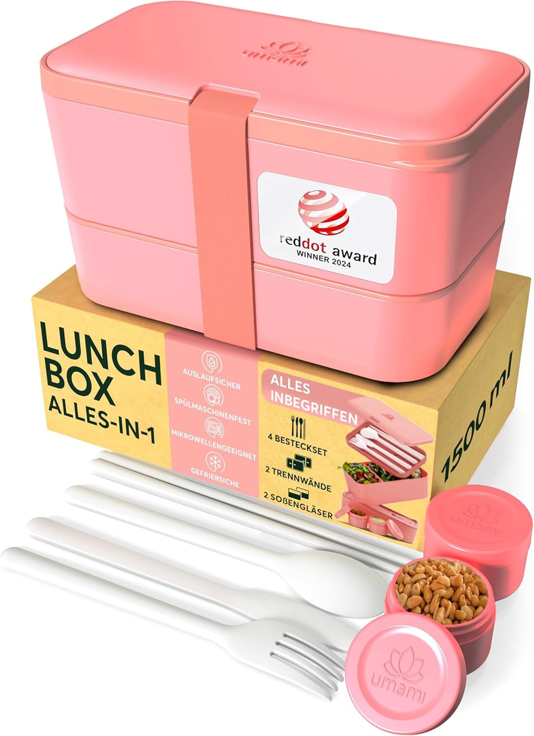 Cutie de prânz Umami pentru adulți, cutie bento stivuibilă etanșă cu 4 tacâmuri și compartimente, cutie de prânz pentru adulți, recipient pentru salată to-go, cutie de prânz pentru picnic / birou, gri cărbune, 1500 ml