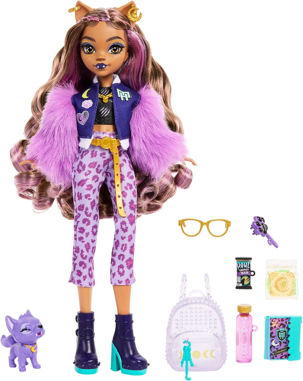 Monster High Clawdeen Wolf-Puppe mit Hund Crescent und Accessoires wie Rucksack, Kalender, Snacks und mehr, HRP65