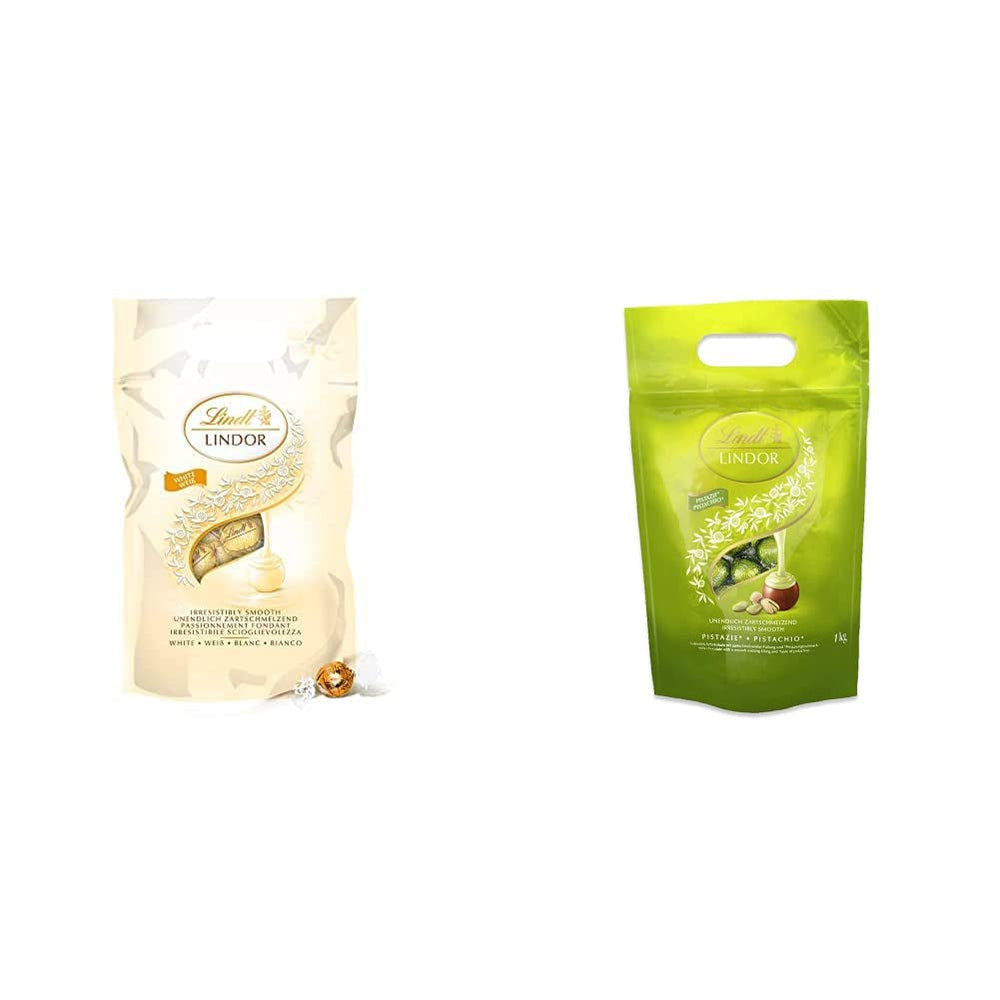 Bile de ciocolată albă LINDOR, 1 kg și LINDOR | pungă resigilabilă de 1 kg | aprox. 80 de bile de ciocolată cu lapte și mentă cu umplutură | Pachet vrac, cadou pralină, cadou ciocolată