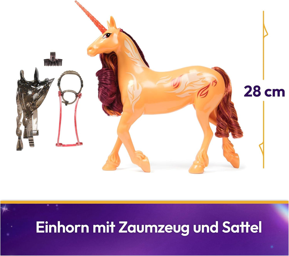 Unicorn Academy Einhorn Cinder - 28 cm groß, Original-Einhorn von Valentina zur Netflix-Serie, mit echter Mähne und Schweif, abnehmbarem Zaumzeug und Sattel sowie Bürste, für Kinder ab 4 Jahren