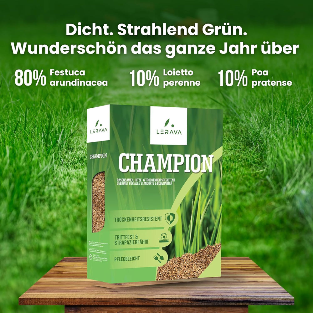LERAVA CHAMPION Rasensamen (30 M²) - Trockenresistent & Trittfest - Schnellkeimender Grassamen Für Dichten Rasen - Strapazierfähige Nachsaat Herbst - Ideal Für Spiel- & Sportrasen
