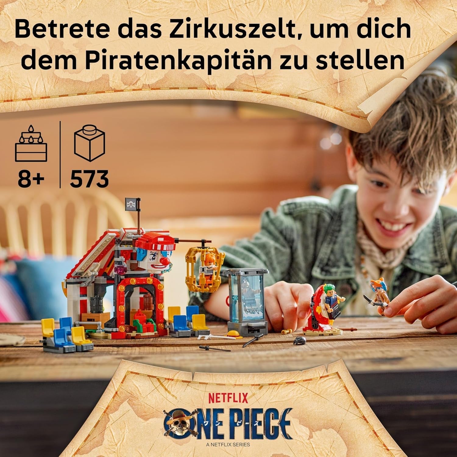 LEGO ONE PIECE Zirkuszelt von Buggy dem Clown - Interaktives Spielzeug mit 4 Minifiguren - Ruffy, Nami & Zoro sowie 2 Steckbriefen - Kreatives Geschenk für Jungen, Mädchen & Fans ab 8 Jahren - 75637
