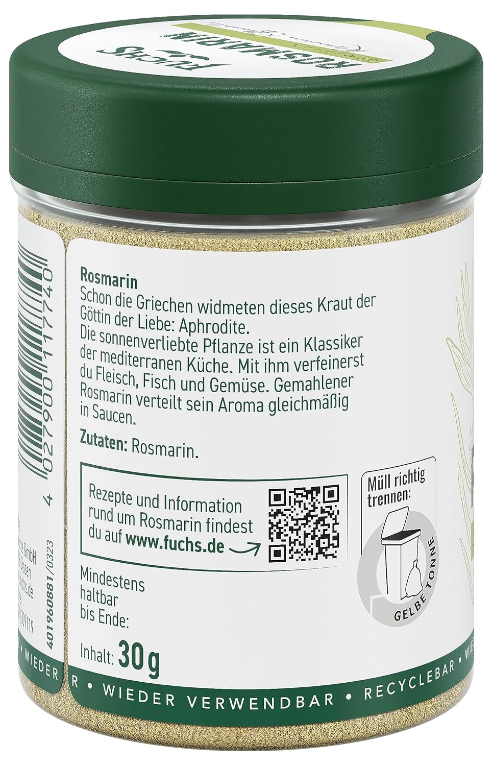 Fuchs Gewürze - Rosmarin gemahlen - zum Würzen von Fisch, Fleisch und Gemüse - natürliche Zutaten - 30 g in wiederverwendbarer, recyclebarer Dose