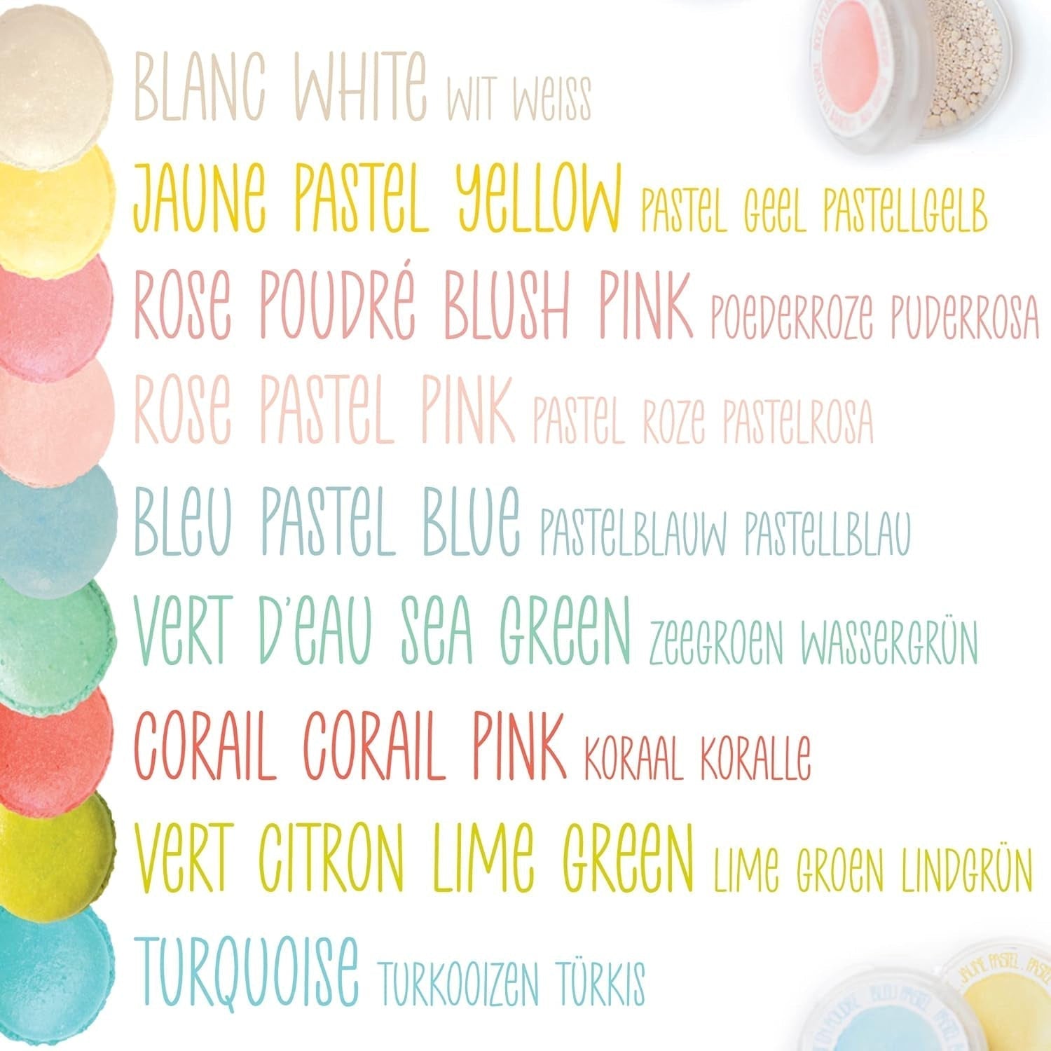 Scrapcooking - Set 9 coloranți alimentari pastel - Albastru, Galben, Coral, Roz, Turcoaz, Verde Lămâie, Alb, Verde Aqua, Roz pudră - Pudră colorantă comestibilă pentru prăjituri, brioșe, macarons - 4272