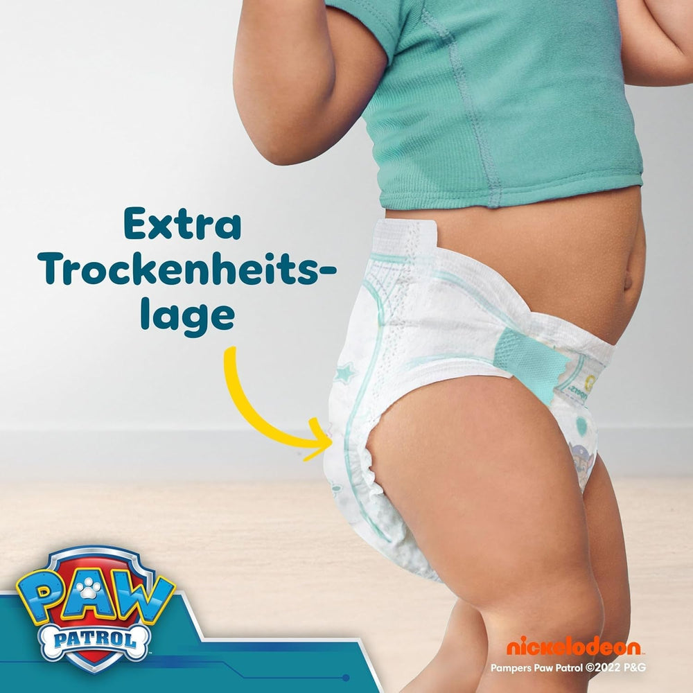 Scutece Pampers Baby-Dry Ediția Patrula Cățelușilor, mărimea 4, 222 de scutece, 9 kg - 14 kg, protecție împotriva scurgerilor de până la 100% și confort toată noaptea
