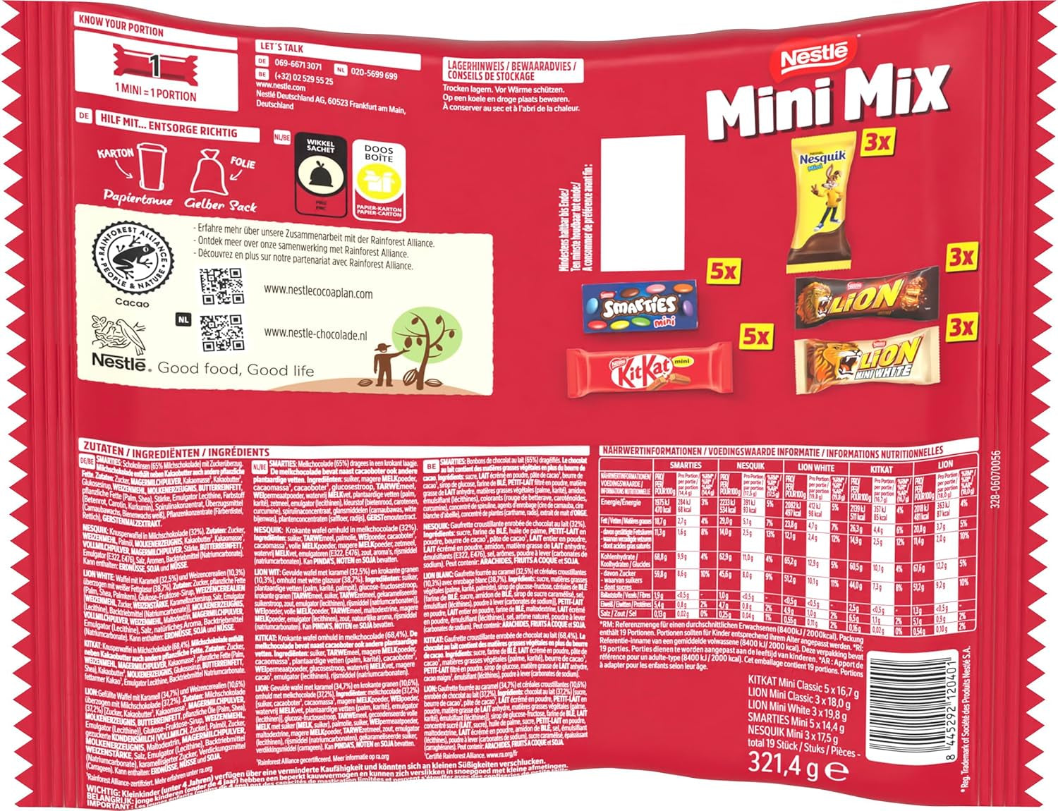 Batoane de ciocolată Mini Mix marca Nestlé, cinci arome delicioase, 19 batoane, pachet de 2 (1 x 321g)