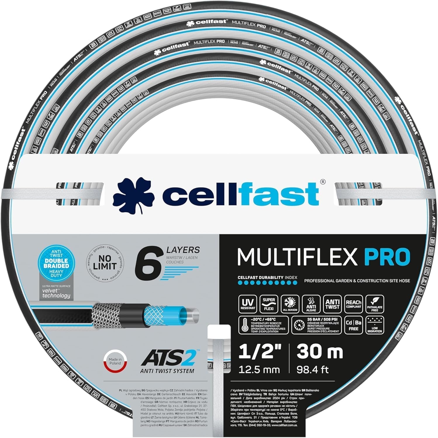 Furtun de grădină Cellfast MULTIFLEX PRO, durabil, cu 6 straturi, împletitură tricotată ATS2, rezistent la UV și alge, fără metale grele, tehnologie de catifea, 35 bar, -20/+65°C, 3/4", 30m