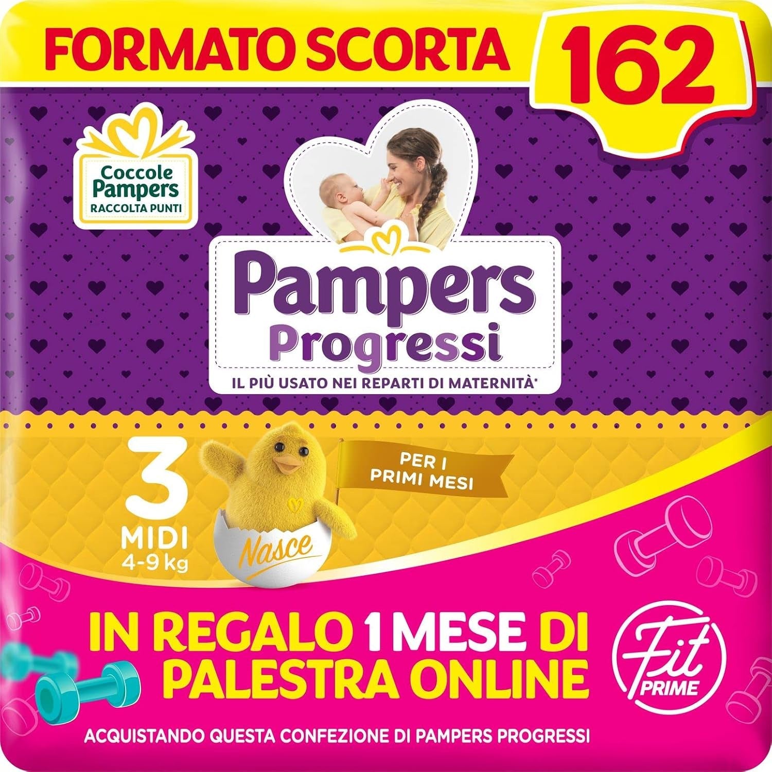 Scutece Pampers Progressi & Fit Prime Midi, format scurt, 162 scutece, mărimea 3 (4-9 kg), abonament online la sală pentru 1 lună cadou