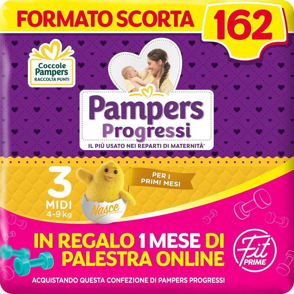 Scutece Pampers Progressi & Fit Prime Midi, format scurt, 162 scutece, mărimea 3 (4-9 kg), abonament online la sală pentru 1 lună cadou