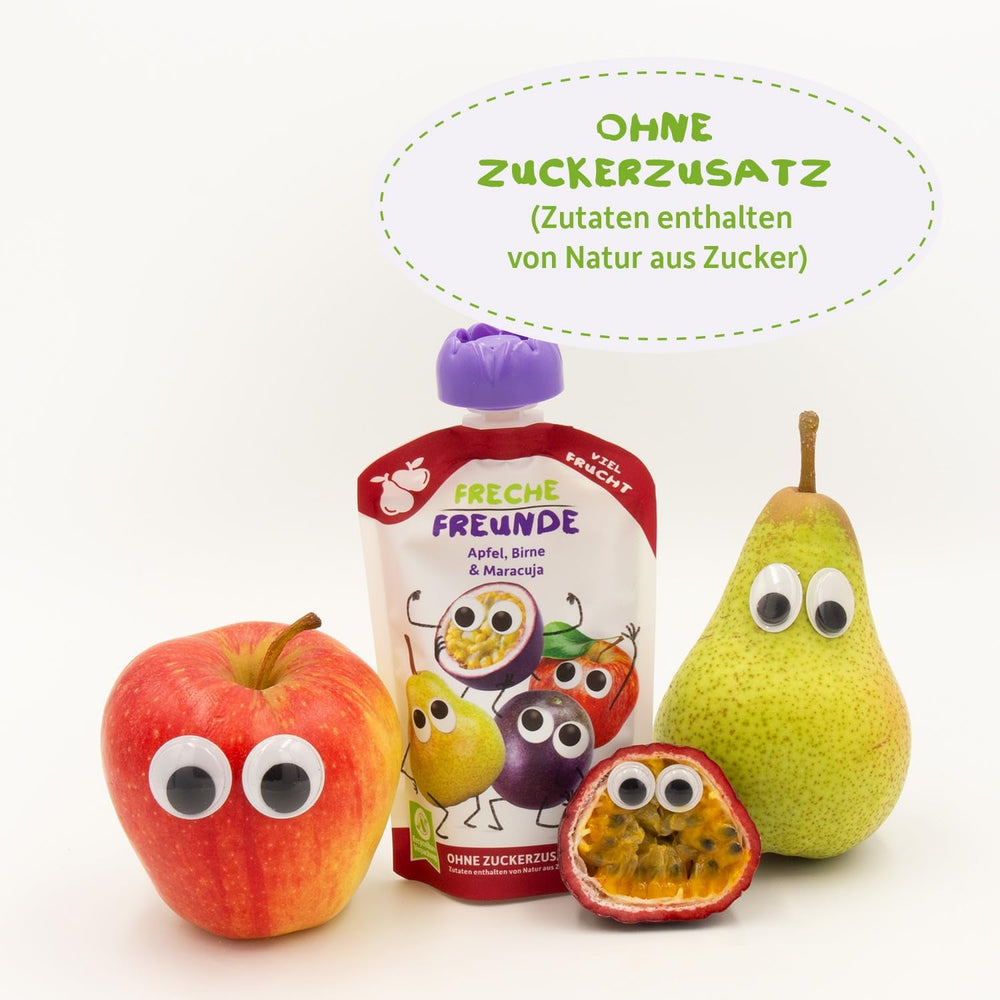 FRECHE FREUNDE Bio Quetschie Apfel, Birne & Maracuja, Fruchtmus mit Obst im Quetschbeutel für Babys ab dem 6. Monat, vegan, 6er Pack (6 x 100g)