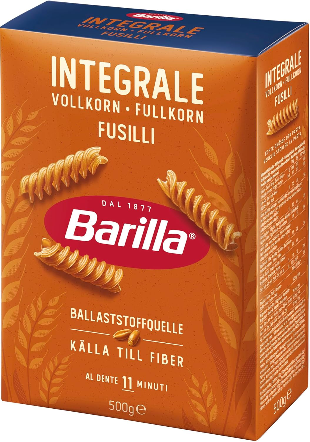 Barilla Pasta Integrale Fusilli – Paste integrale din griș cu fibre naturale, 500 g