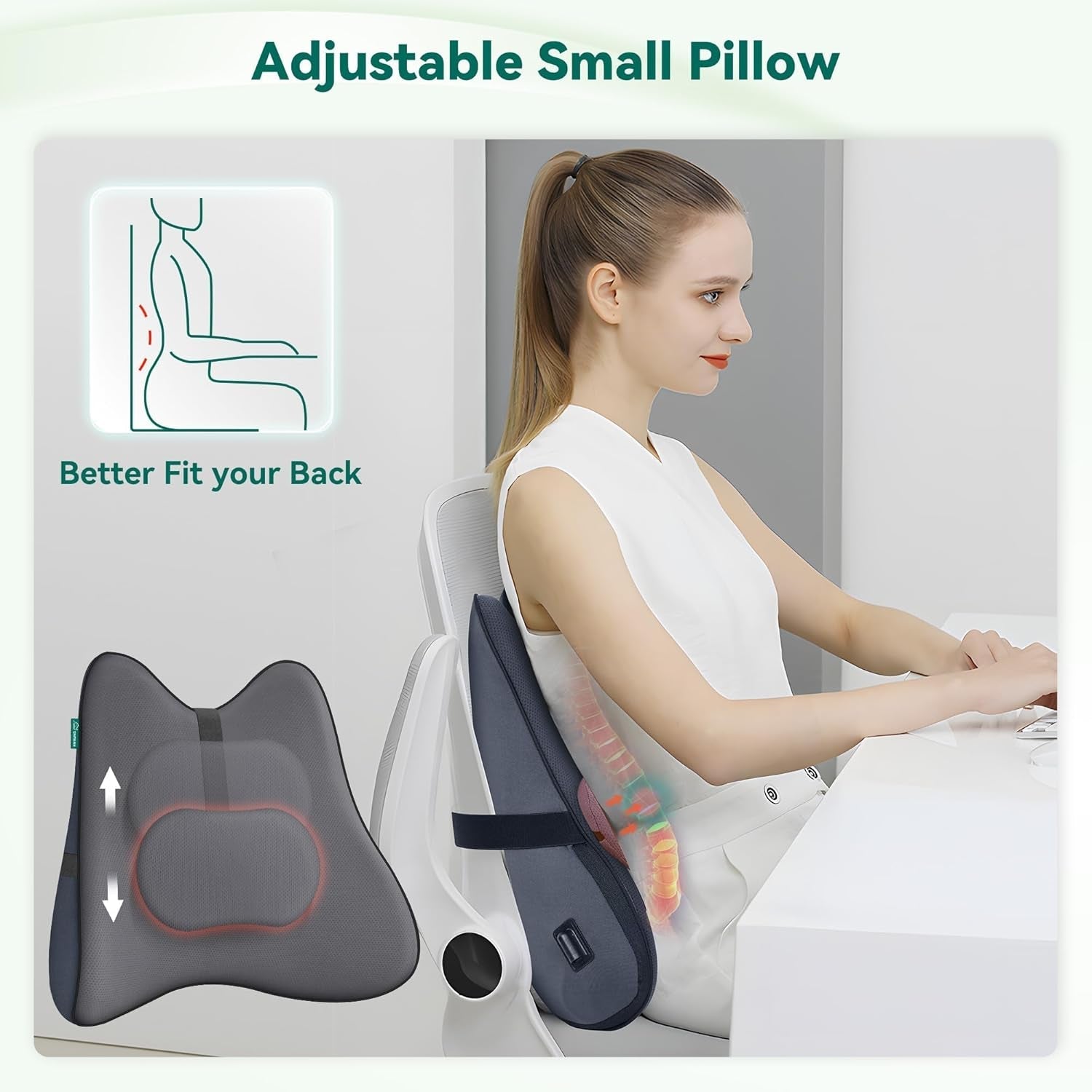 Pernă ergonomică Snailax pentru suport lombar cu masaj și căldură, pernă pentru spate Shiatsu din spumă cu memorie, pernă pentru șezut cu 3 intensități de masaj | 2 niveluri de căldură | 3 temporizatoare | postură confortabilă în șezut