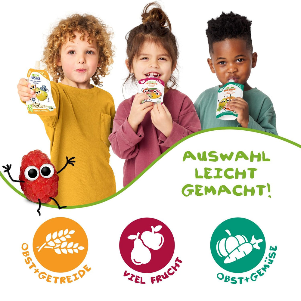 FRECHE FREUNDE Pungă de fructe organică, stoarcabilă, cu mere, pară cu scorțișoară, orez și speltă, piure de fructe cu cereale pentru bebeluși de la 6 luni, vegan, pachet de 6 (6 x 100g)