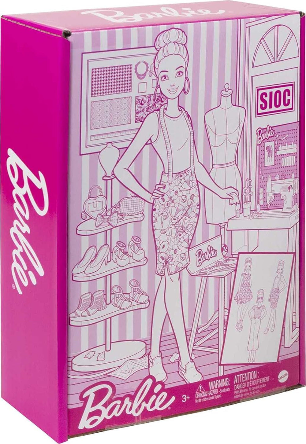 Barbie HDY90 - Modedesigner-Puppe (30,40 cm) & Studio, 25+ Design- und Modezubehör, Design-Schreibtisch, Stuhl, Nähmaschine, Stoffmuster, Schaufensterpuppe & mehr, Spielzeug ab 3 Jahren