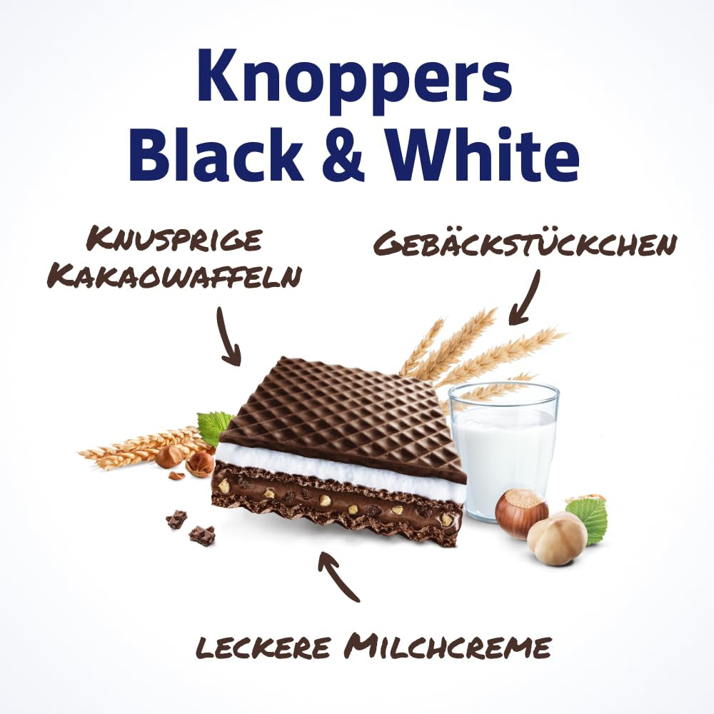 Alb-Negru – 2 x 200 g (2 x 8 bucăți) – Felii de napolitană umplute cu napolitane cu cacao neagră, bucăți de aluat neagră, lapte și cremă de nuga