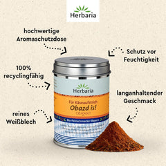 Herbaria Obazd is! bio 90g M-Dose – Bio-Gewürzmischung bayerischen Biergartenklassiker Obazda – für Brotaufstriche, Käsegerichte, Käsefondue – Raclette Gewürz - in nachhaltiger Aromaschutz-Dose