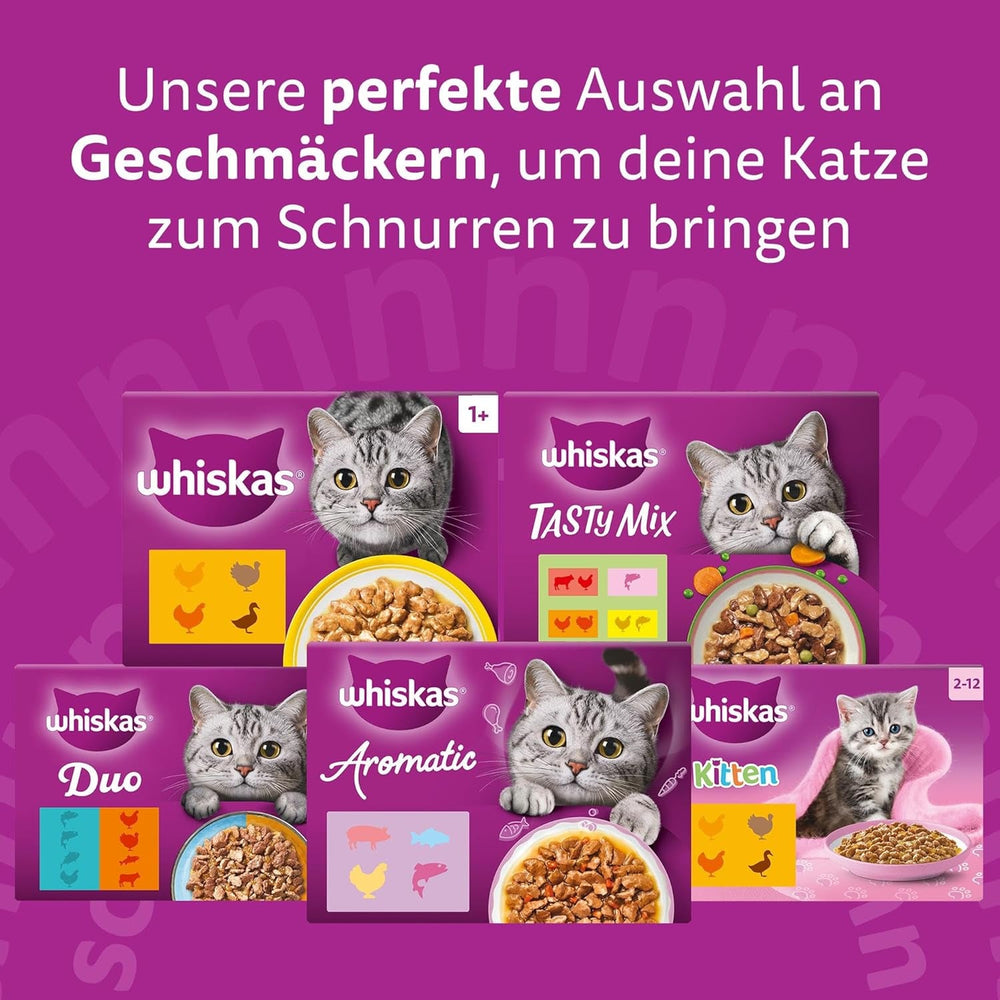 Hrană umedă Whiskas Senior 7+ Selecție mixtă în jeleu, 84 pliculețe, 84x85g (1 pachet mare) – Hrană umedă de înaltă calitate pentru pisici de 7 ani și peste