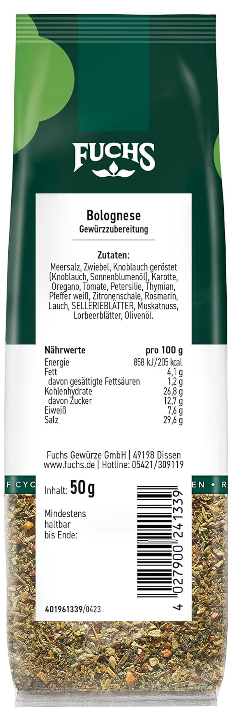 Fuchs Gewürze – Bolognese Gewürzzubereitung im recyclebaren Nachfüllbeutel, Gewürzmischung mit italienischen Kräutern, für Spaghetti- und weitere Pasta-Saucen - 50 g