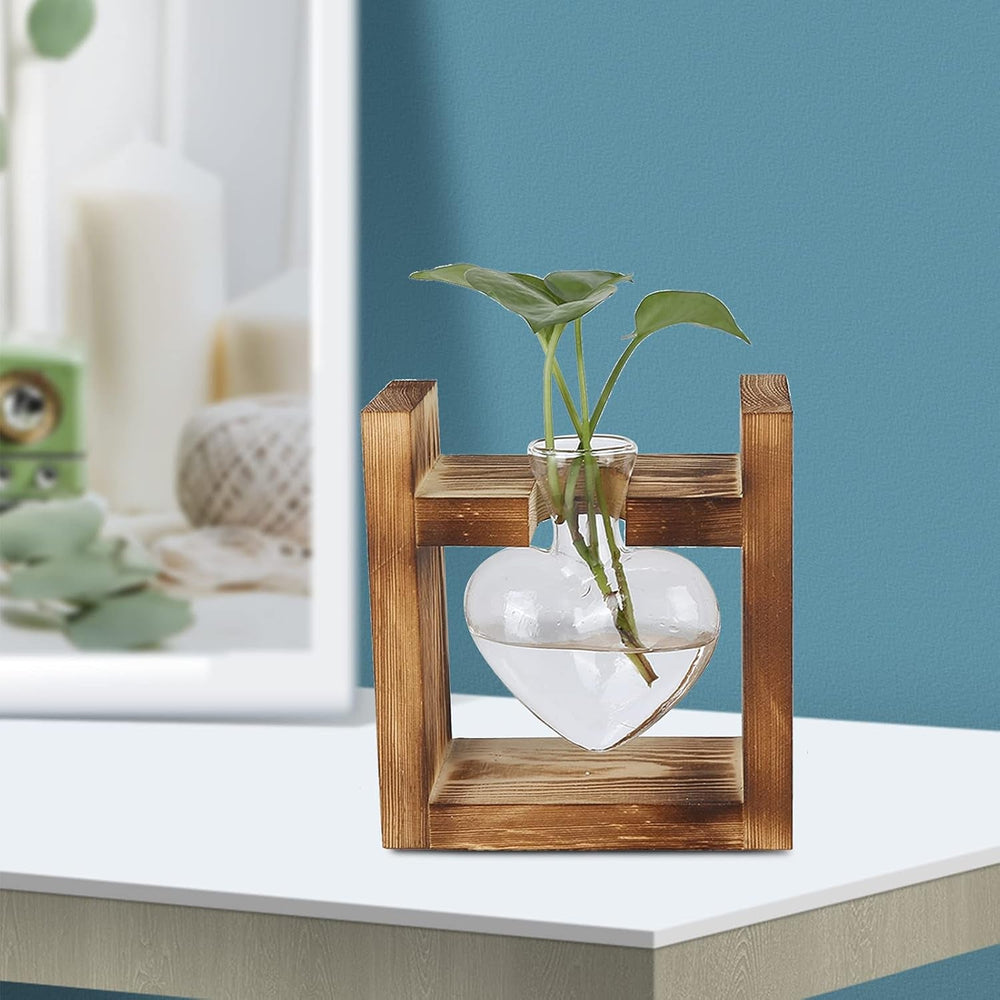 Terariu cu plante cu suport din lemn, vază de masă în formă de inimă, plante hidroponice din sticlă transparentă pentru decorarea grădinii de acasă, decorațiune hidroponică cu flori pentru birou, living, bucătărie (A)